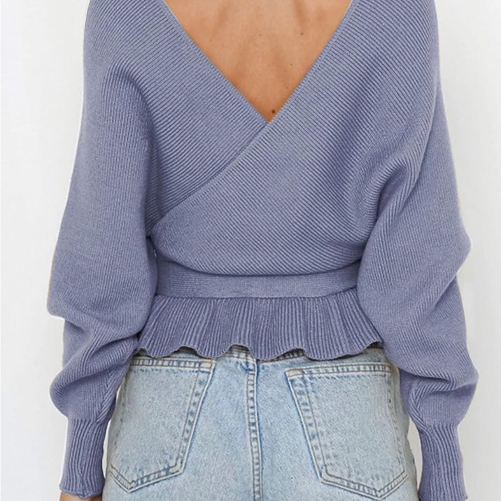 🔷NEW! Zesica Fall Wrap V-neck Long Batwing Sleeve Belted Waist Ruffle Sweater - Picture 2 of 11